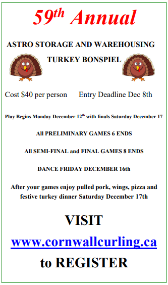 59th Annual Astro Storage and Warehousing Turkey Bonspiel Cost 40 per person Entry Deadline Dec 8th Play begins Monday December 12th with finals Saturday December 17